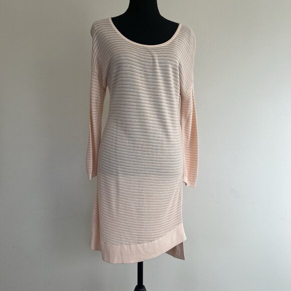 Express NWT Ribbed Bodycon Sweater Dress Sheer Pink Asymmetrical Hem L - Picture 1 of 14